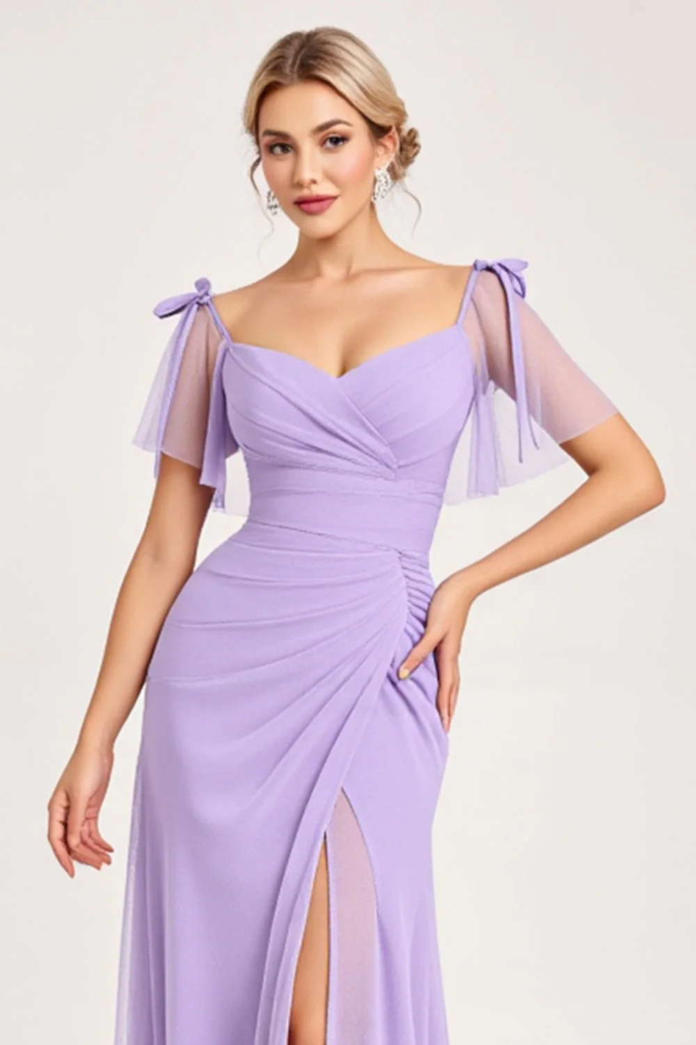 Lilac A Line Long Chiffon Bridesmaid Dress with Slit - Image 6