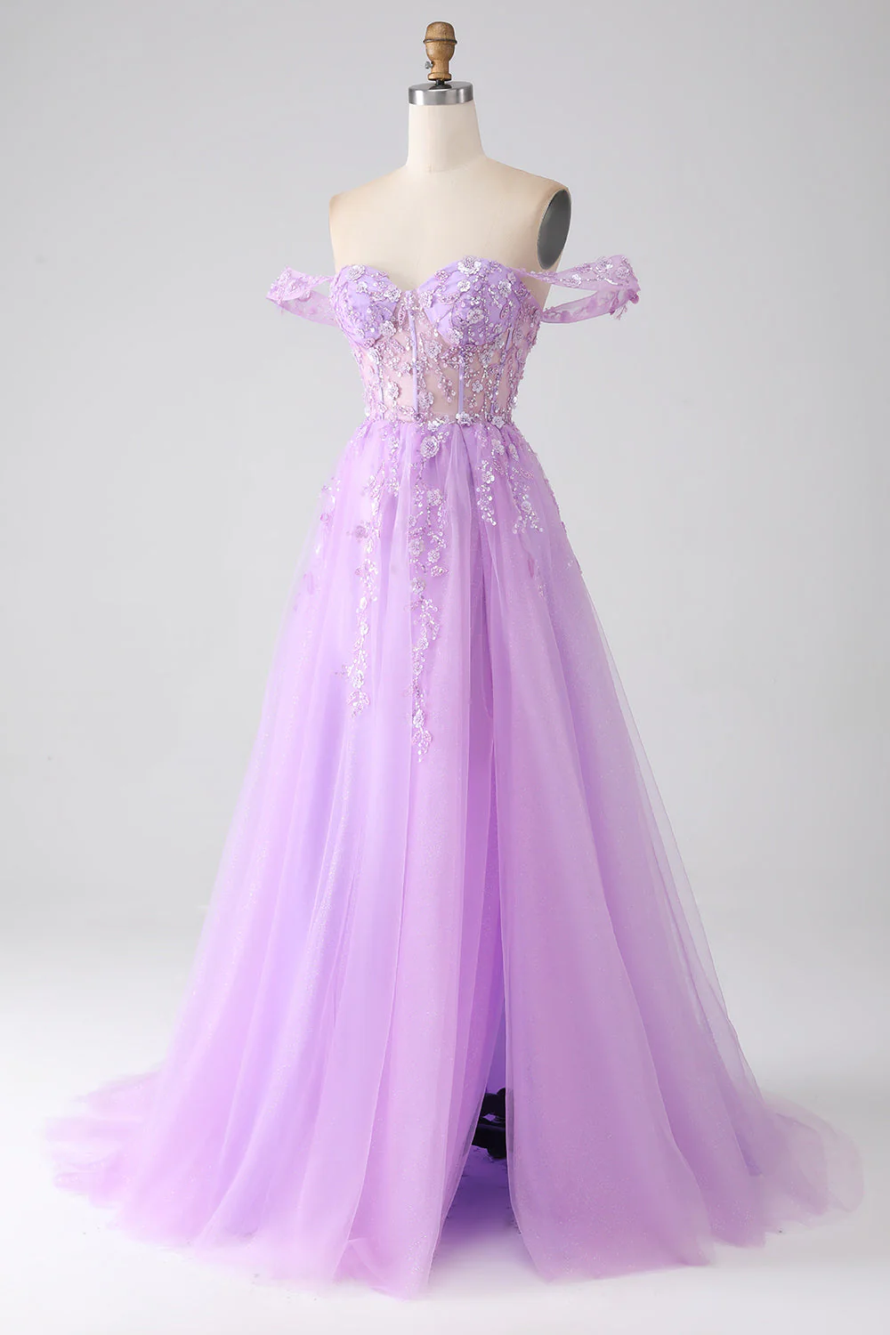Lilac A-Line Off The Shoulder Beaded Corset Prom Dress - Image 3