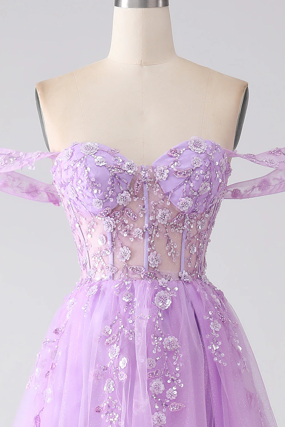 Lilac A-Line Off The Shoulder Beaded Corset Prom Dress - Image 4