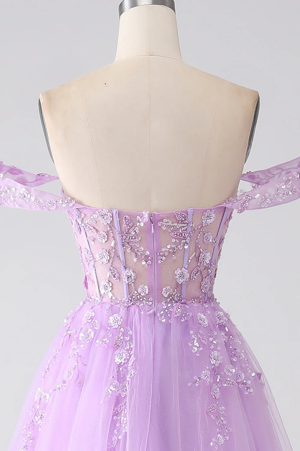 Lilac A-Line Off The Shoulder Beaded Corset Prom Dress - Image 5