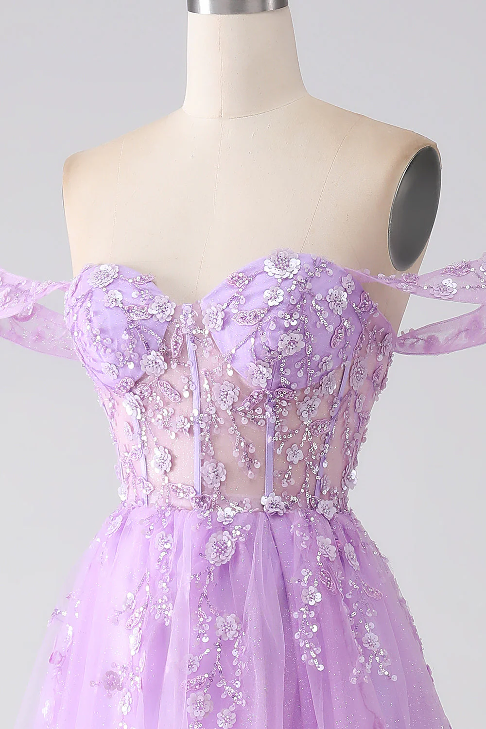 Lilac A-Line Off The Shoulder Beaded Corset Prom Dress - Image 6