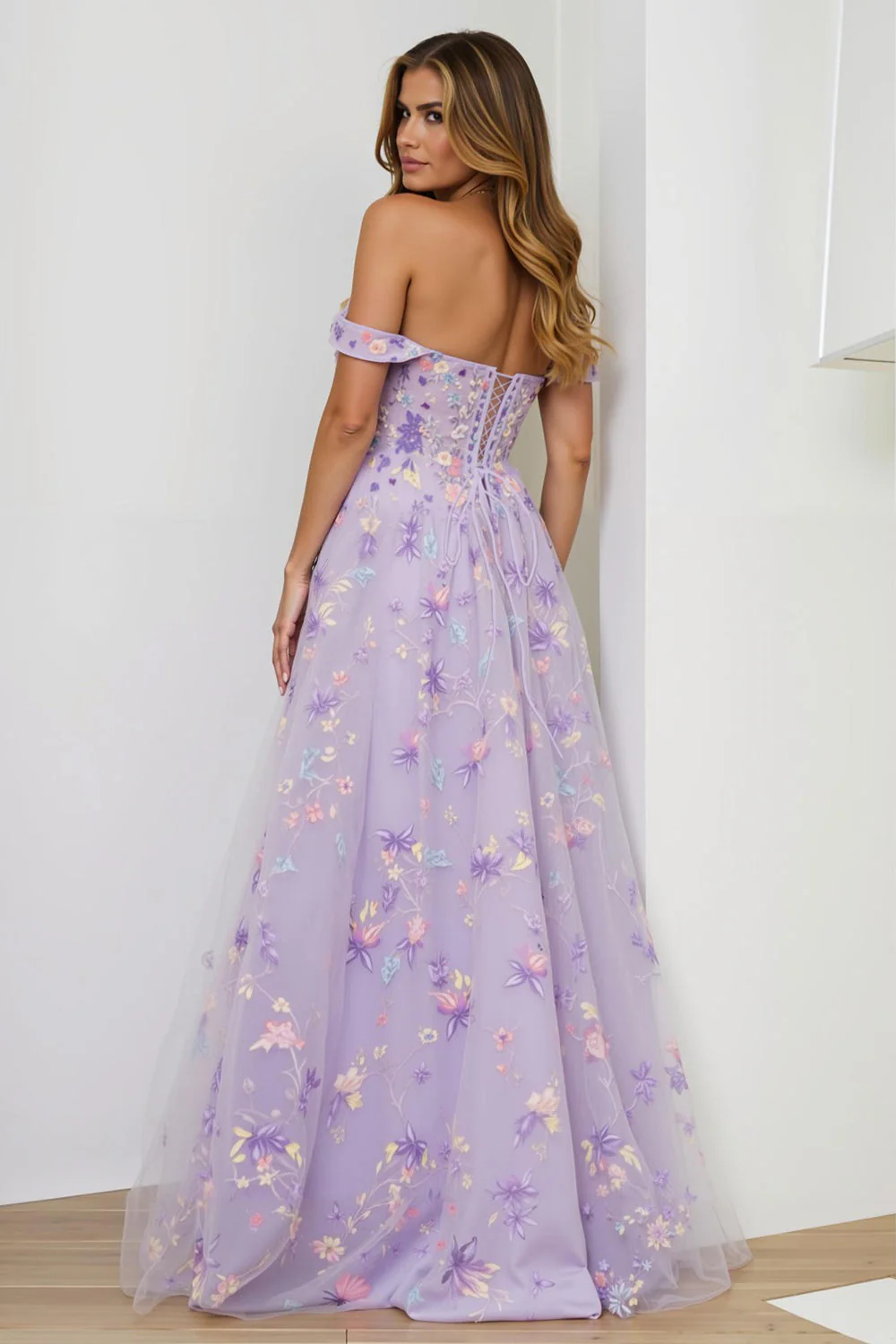 Lilac A Line Off The Shoulder Embroidered Long Prom Dress with Slit - Image 2