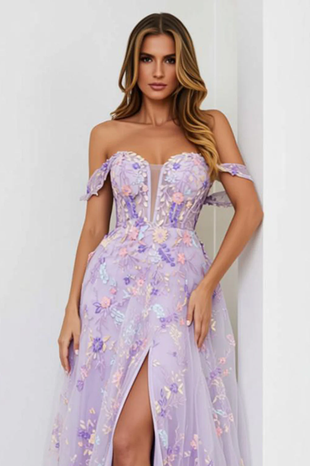 Lilac A Line Off The Shoulder Embroidered Long Prom Dress with Slit - Image 3