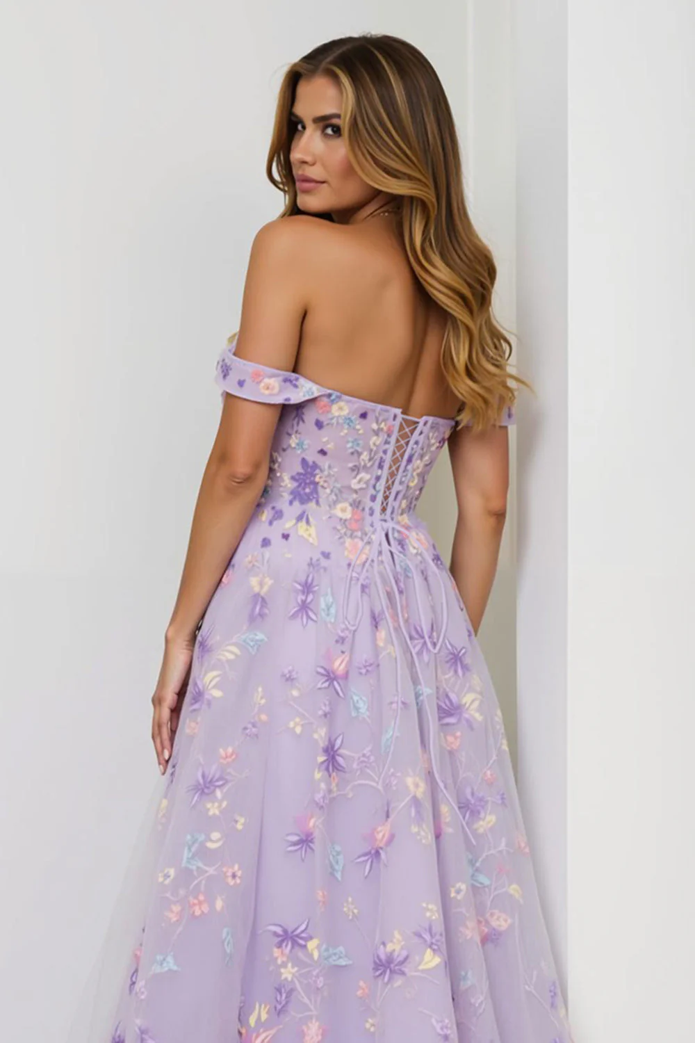 Lilac A Line Off The Shoulder Embroidered Long Prom Dress with Slit - Image 4