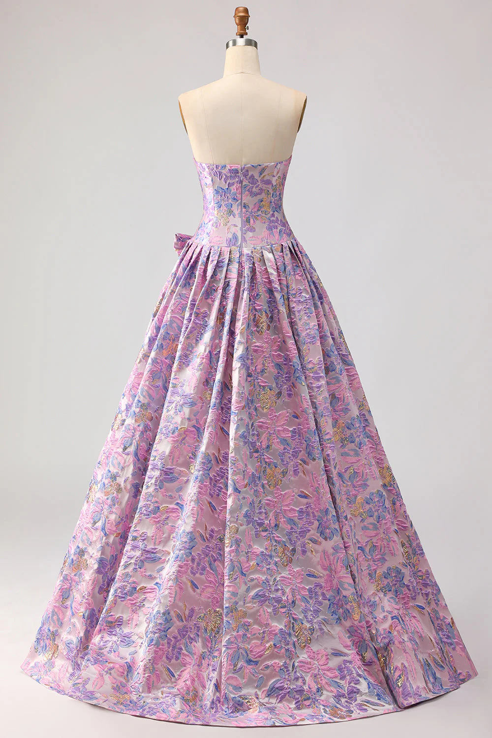 Lilac A-Line Strapless Ruched Jacquard Satin Brocade Long Prom Dress with Bow - Image 2