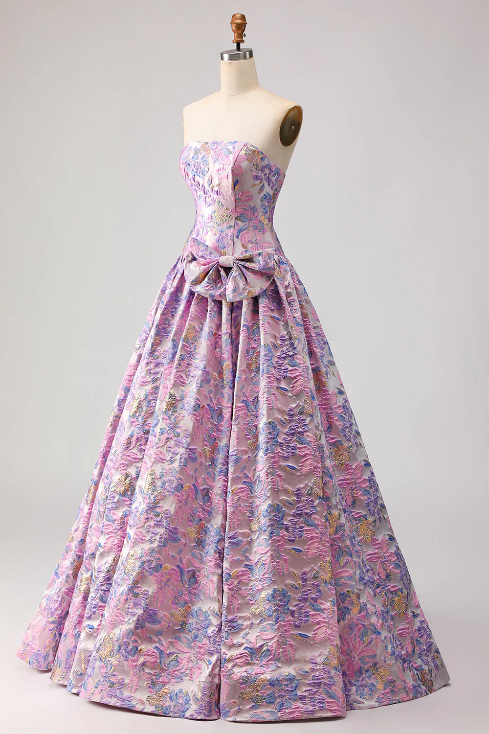 Lilac A-Line Strapless Ruched Jacquard Satin Brocade Long Prom Dress with Bow - Image 3