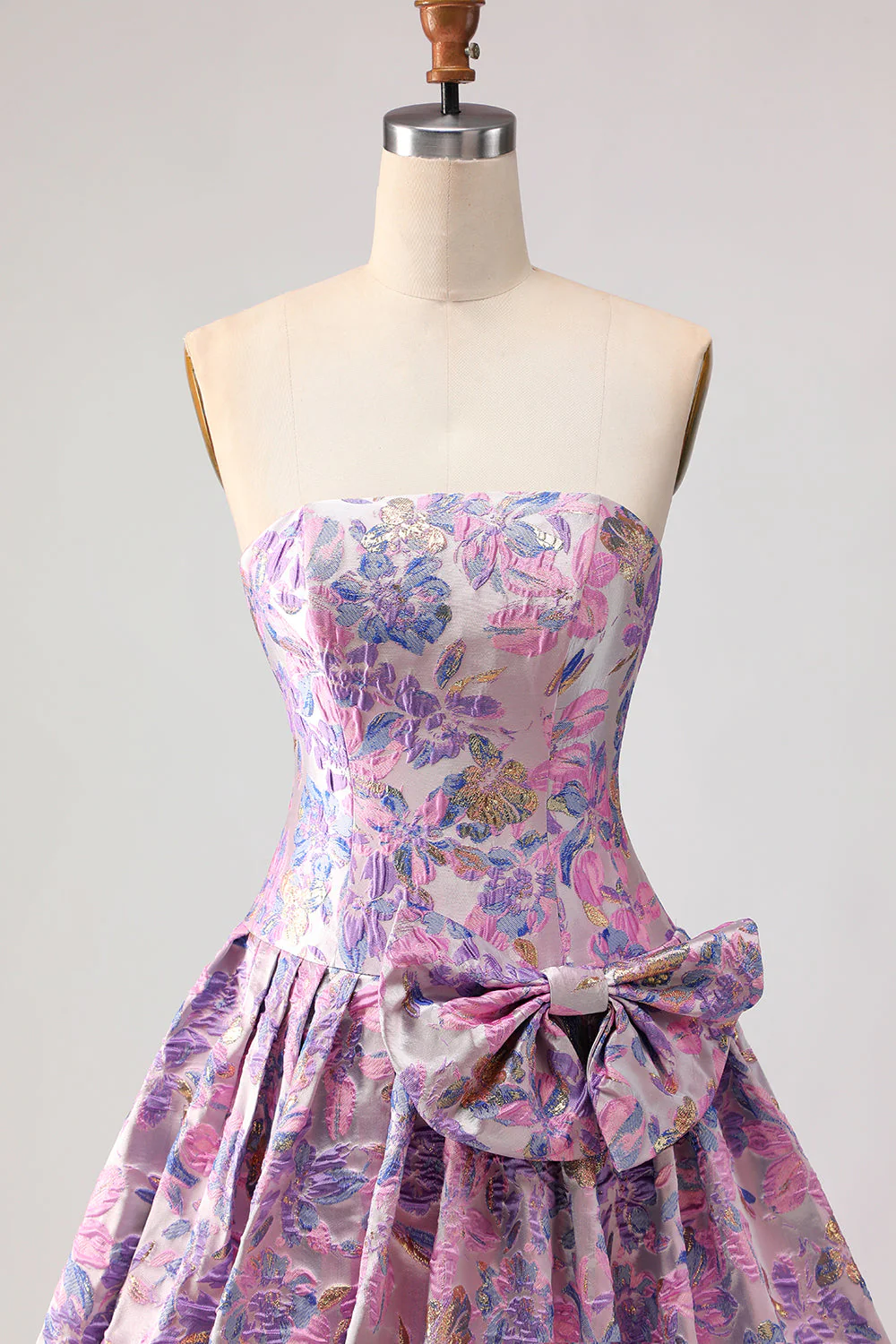 Lilac A-Line Strapless Ruched Jacquard Satin Brocade Long Prom Dress with Bow - Image 4