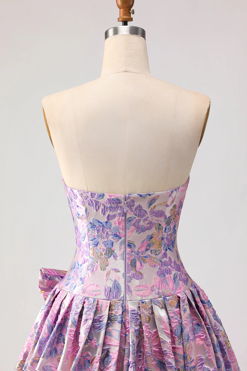 Lilac A-Line Strapless Ruched Jacquard Satin Brocade Long Prom Dress with Bow - Image 5