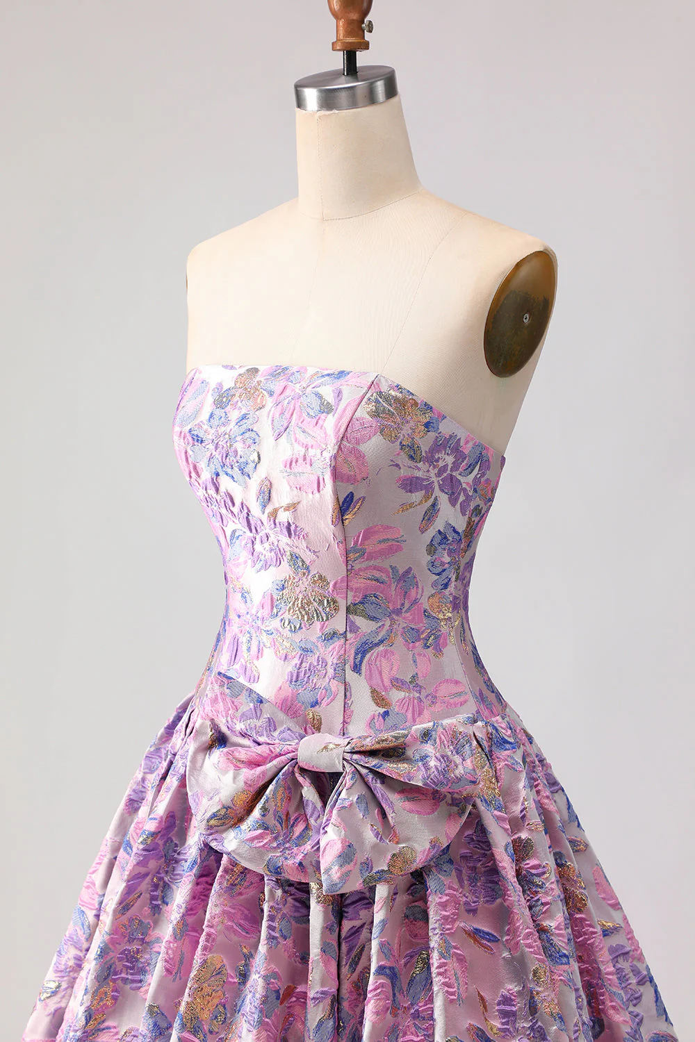 Lilac A-Line Strapless Ruched Jacquard Satin Brocade Long Prom Dress with Bow - Image 6
