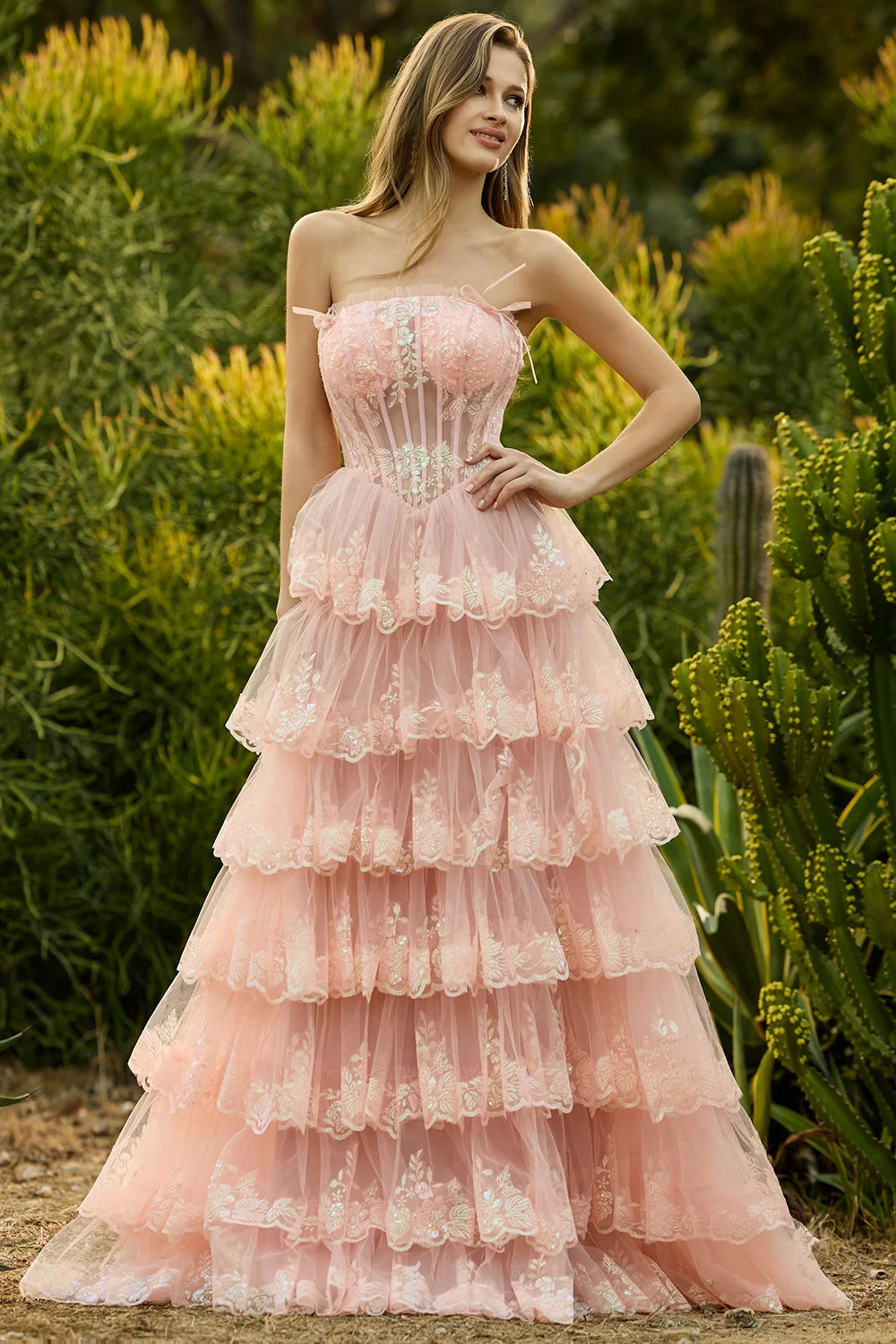 Lilac A Line Strapless Sequin Corset Tiered Ruffle Long Prom Dress with Slit - Image 12