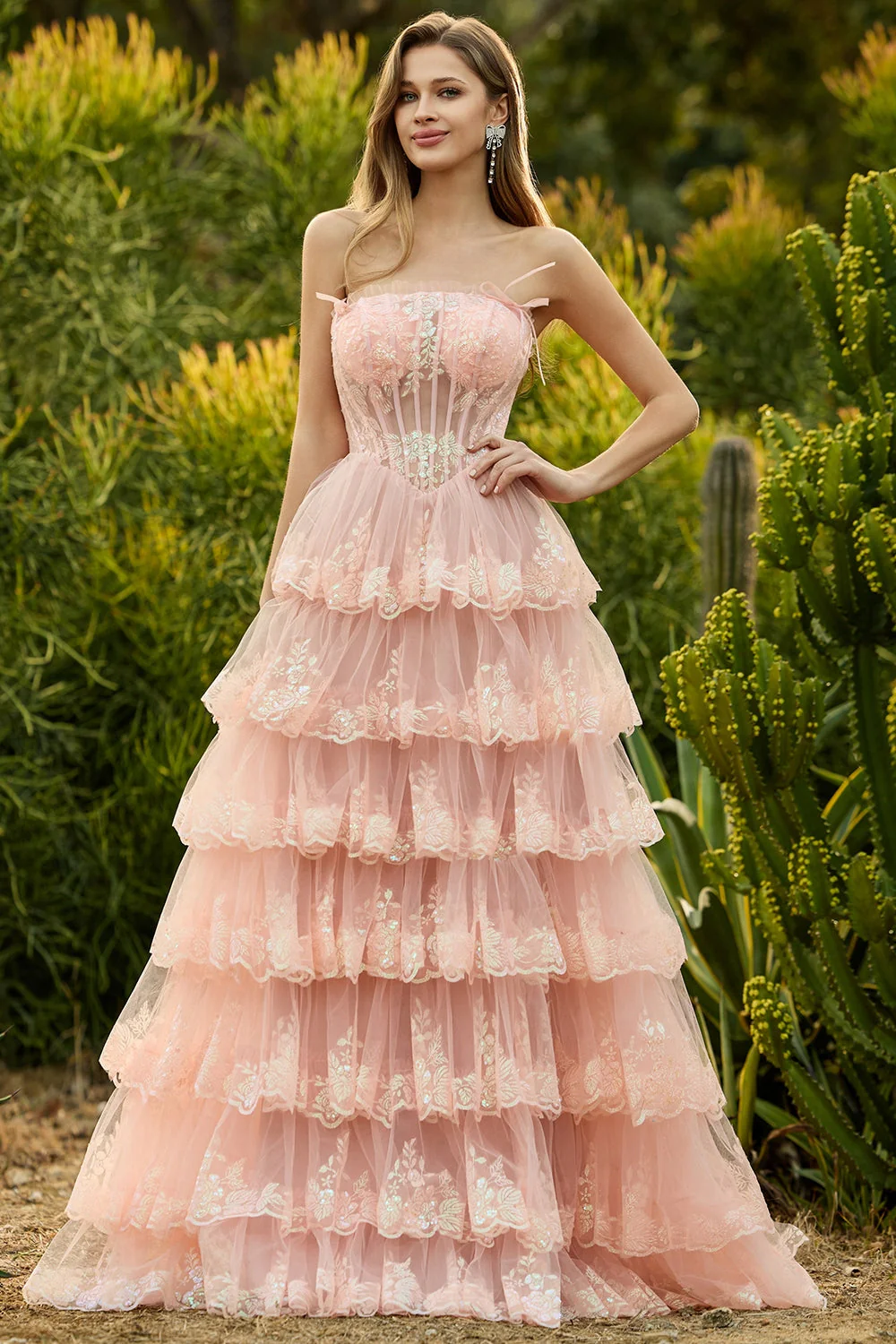 Lilac A Line Strapless Sequin Corset Tiered Ruffle Long Prom Dress with Slit - Image 9
