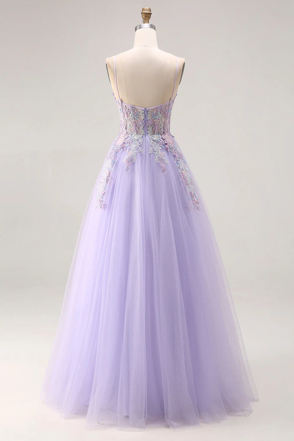 Lilac A Line Corset Tulle Spaghetti Straps Long Prom Dress with Slit - Image 2