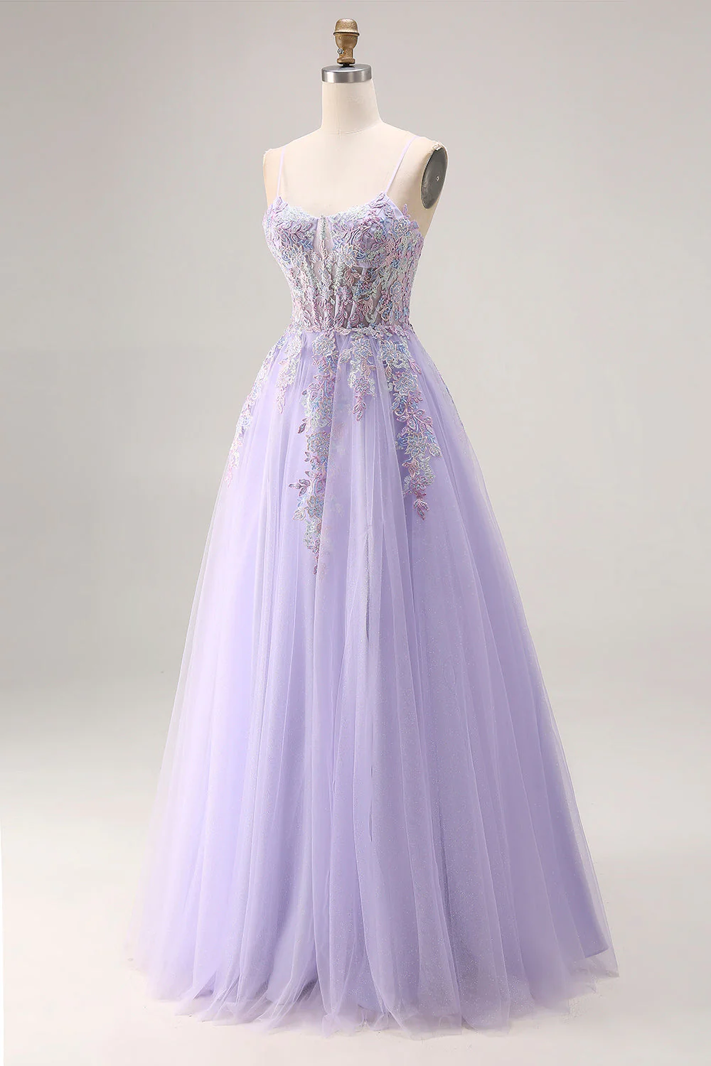 Lilac A Line Corset Tulle Spaghetti Straps Long Prom Dress with Slit - Image 3