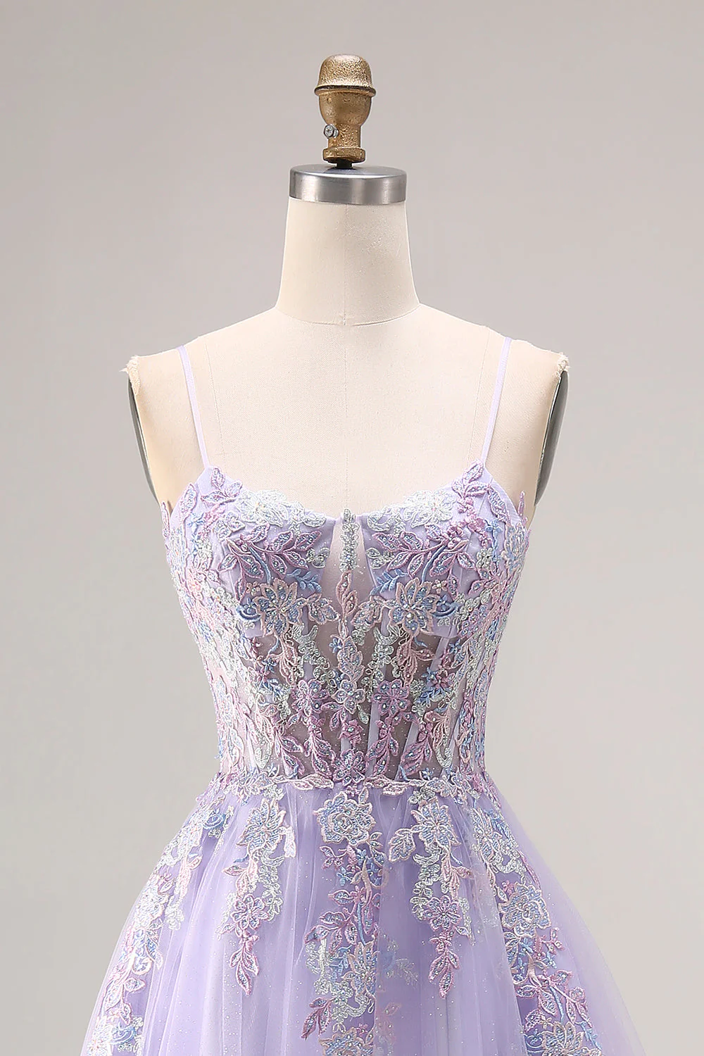 Lilac A Line Corset Tulle Spaghetti Straps Long Prom Dress with Slit - Image 4