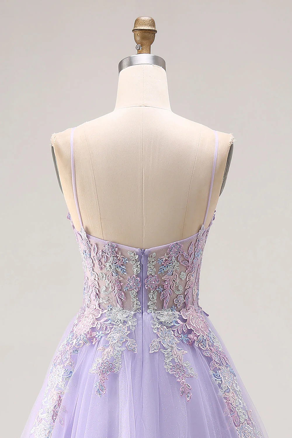 Lilac A Line Corset Tulle Spaghetti Straps Long Prom Dress with Slit - Image 5