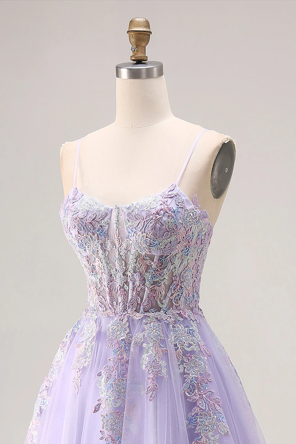 Lilac A Line Corset Tulle Spaghetti Straps Long Prom Dress with Slit - Image 6