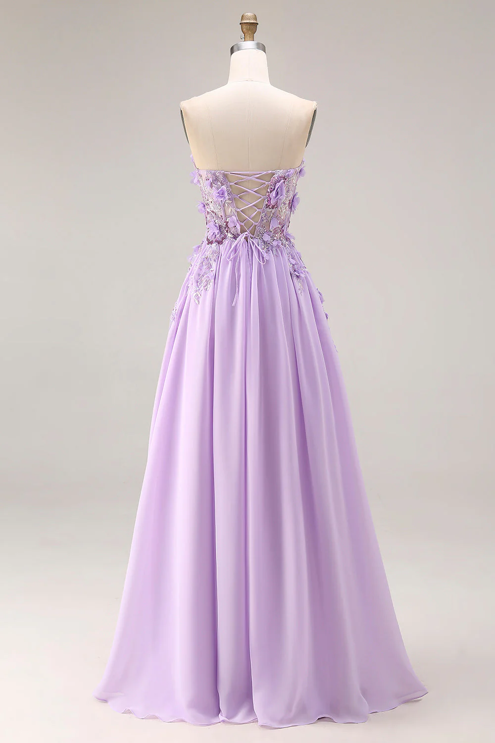 Lilac Appliqued Strapless A Line Corset Long Prom Dress - Image 2