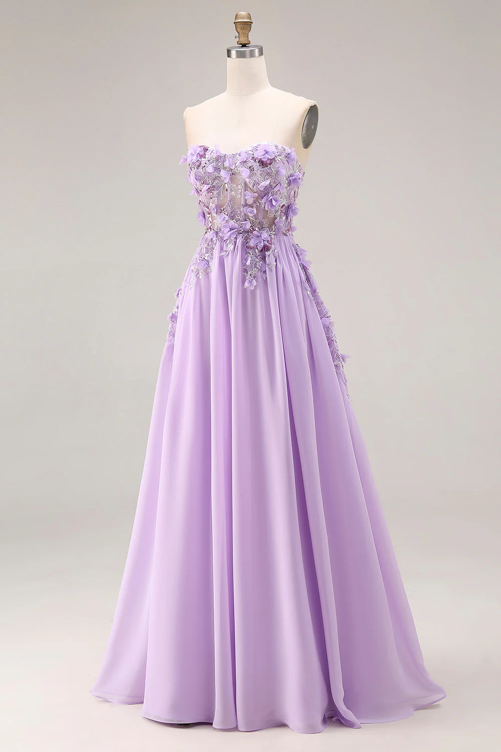 Lilac Appliqued Strapless A Line Corset Long Prom Dress - Image 3