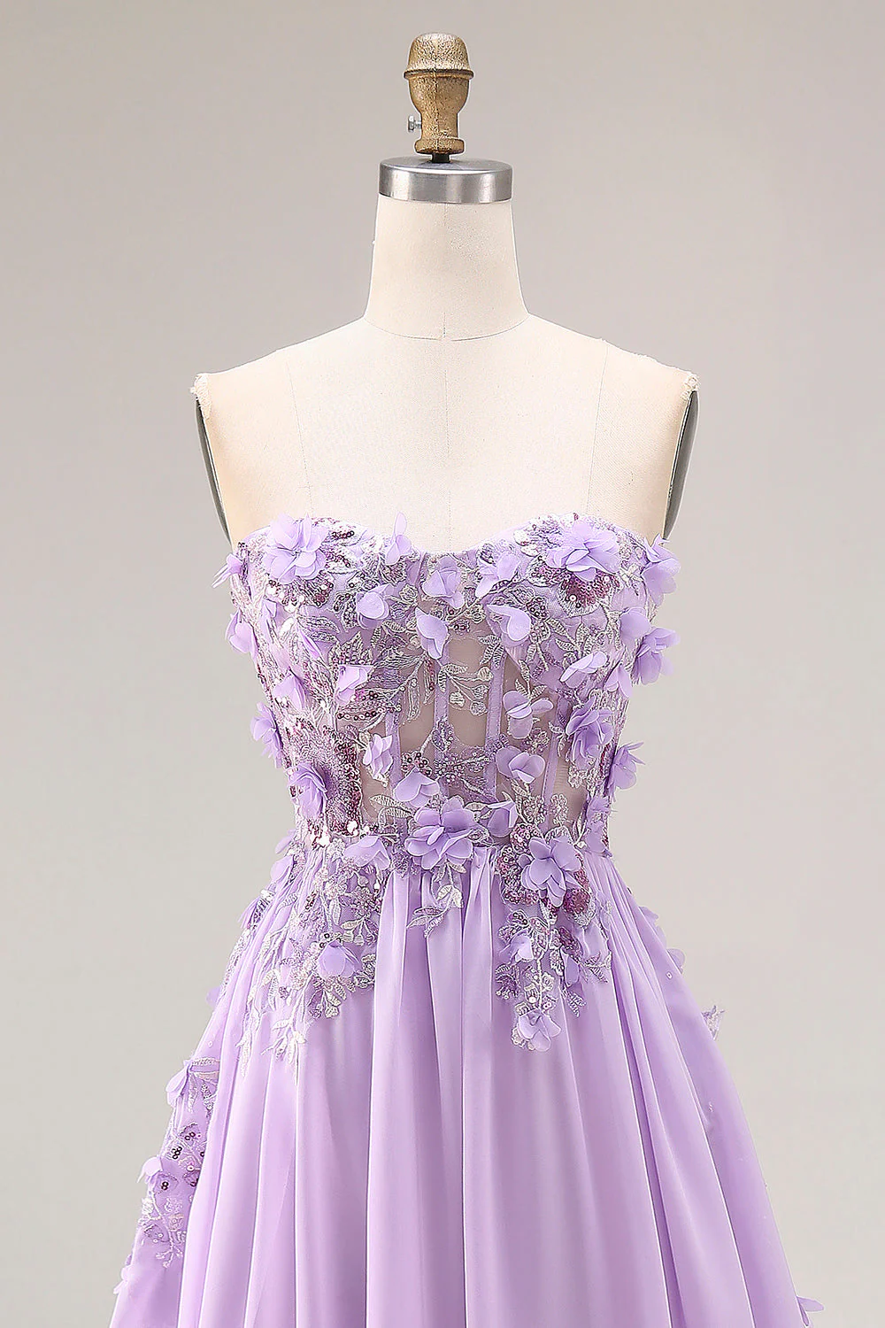 Lilac Appliqued Strapless A Line Corset Long Prom Dress - Image 4
