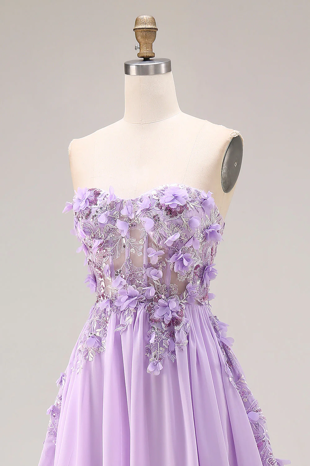 Lilac Appliqued Strapless A Line Corset Long Prom Dress - Image 5