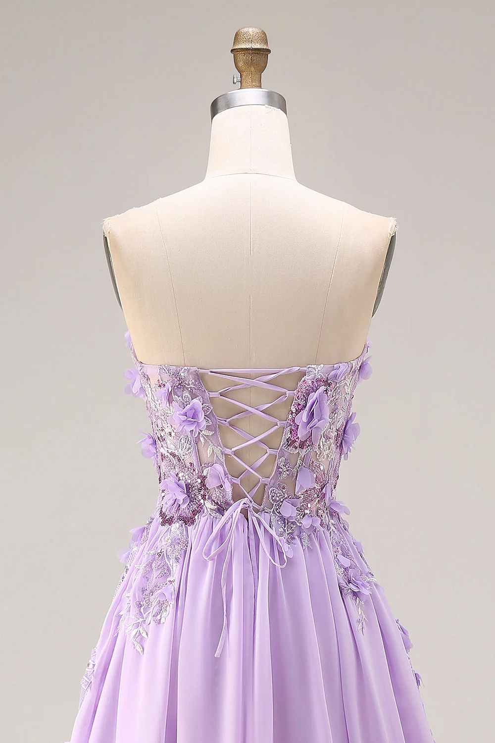 Lilac Appliqued Strapless A Line Corset Long Prom Dress - Image 6
