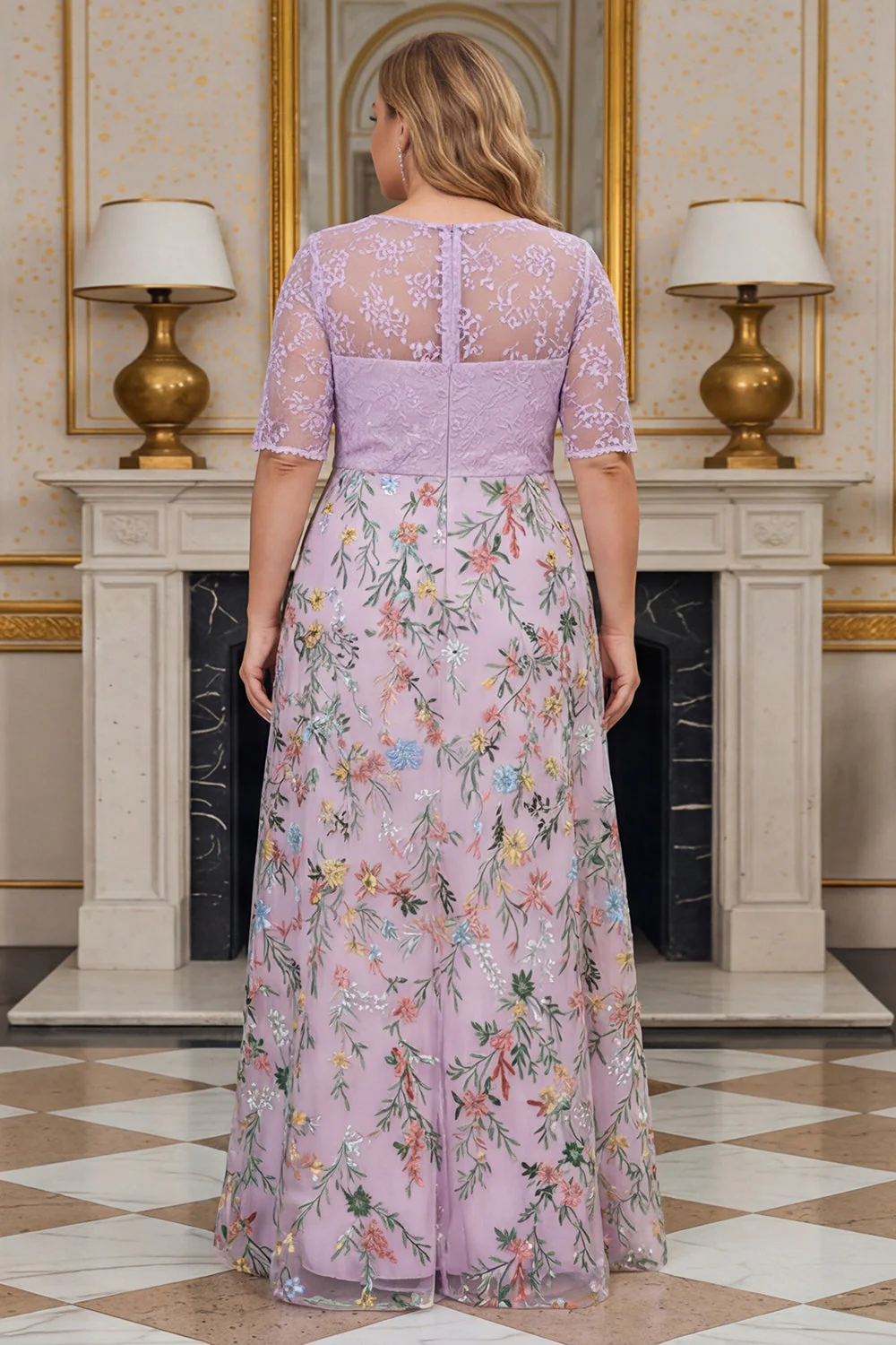 Lilac Floral A Line Embroidered Plus Size Mother of the Bride Dress with Half Sleeves - Image 2