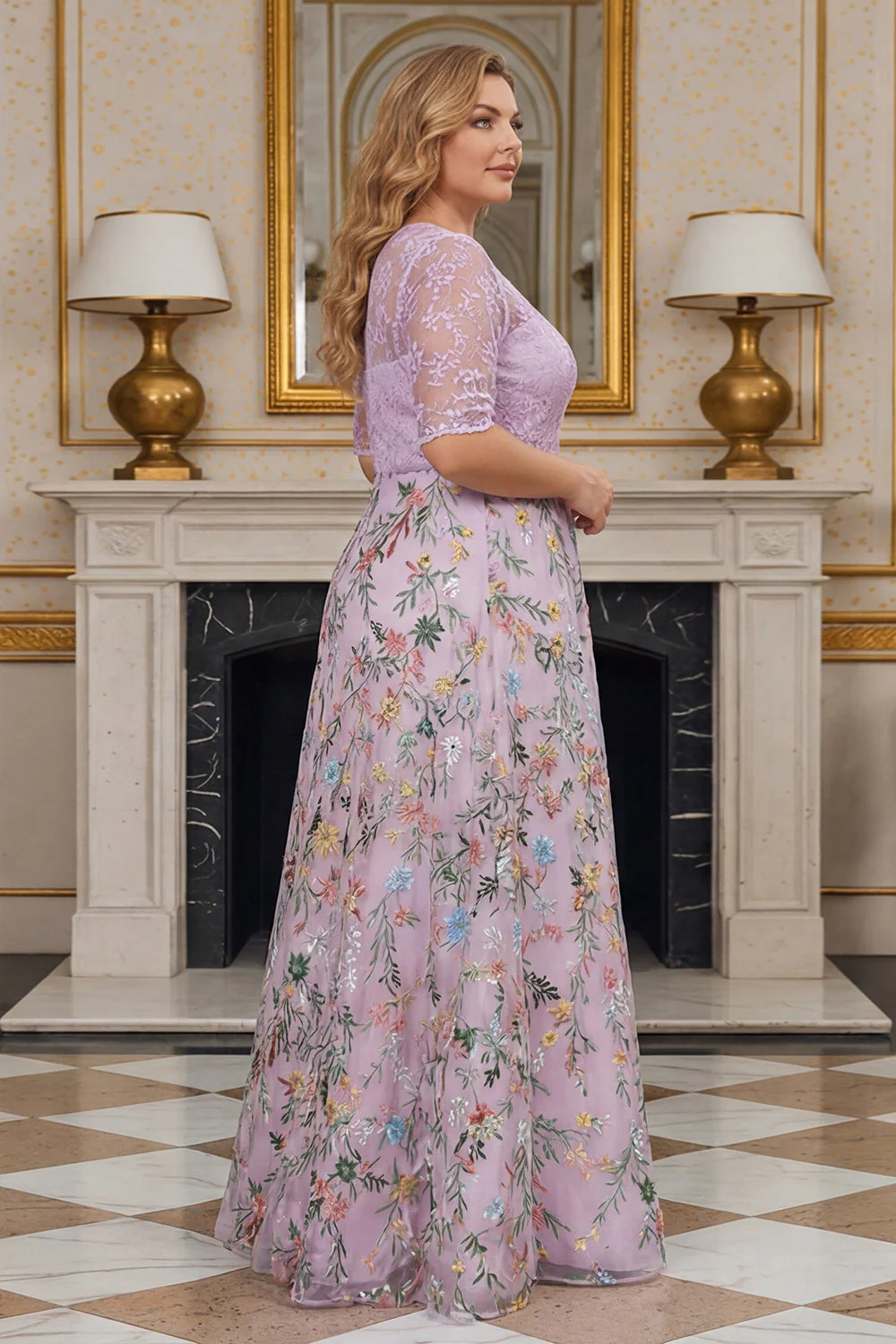 Lilac Floral A Line Embroidered Plus Size Mother of the Bride Dress with Half Sleeves - Image 3