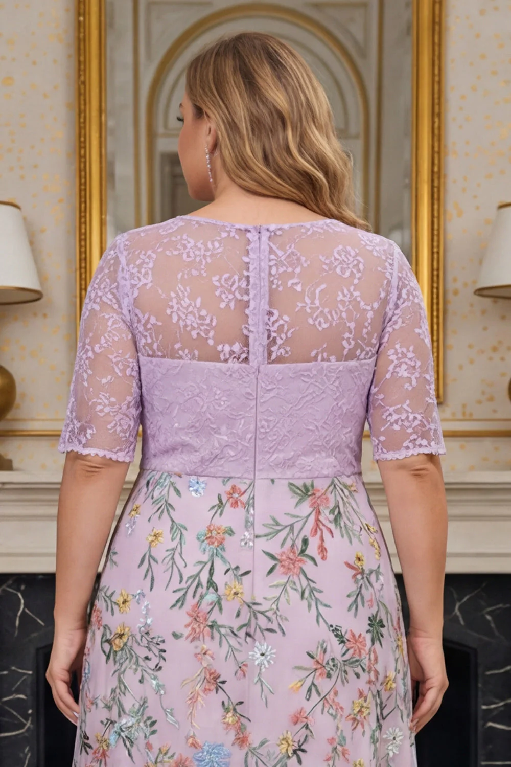 Lilac Floral A Line Embroidered Plus Size Mother of the Bride Dress with Half Sleeves - Image 5