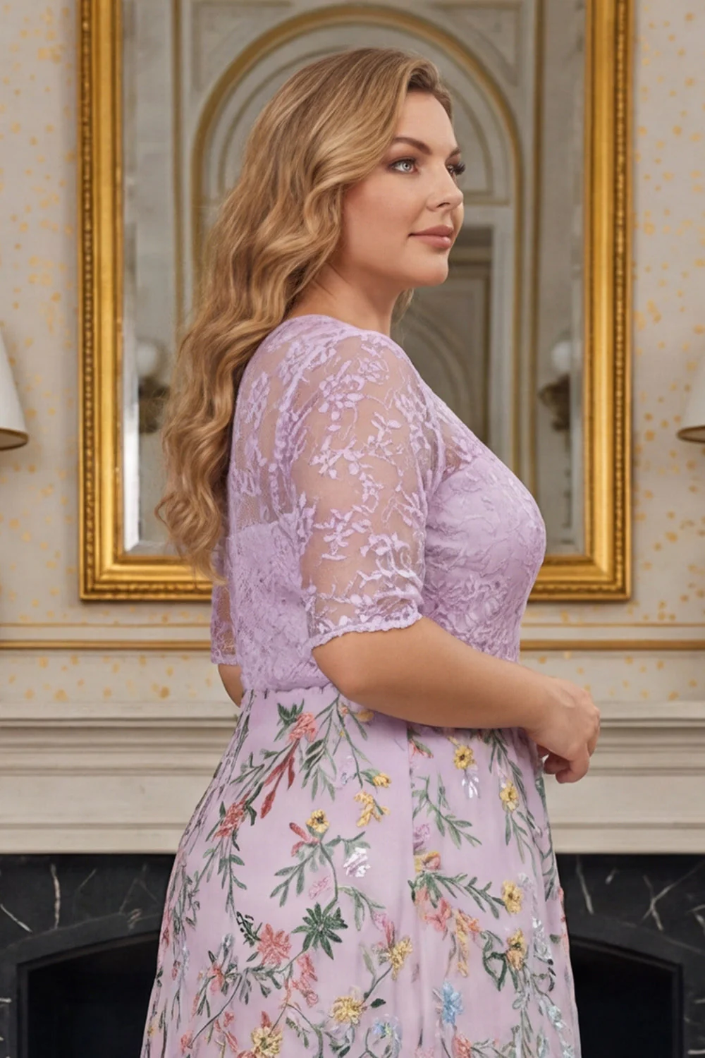 Lilac Floral A Line Embroidered Plus Size Mother of the Bride Dress with Half Sleeves - Image 6