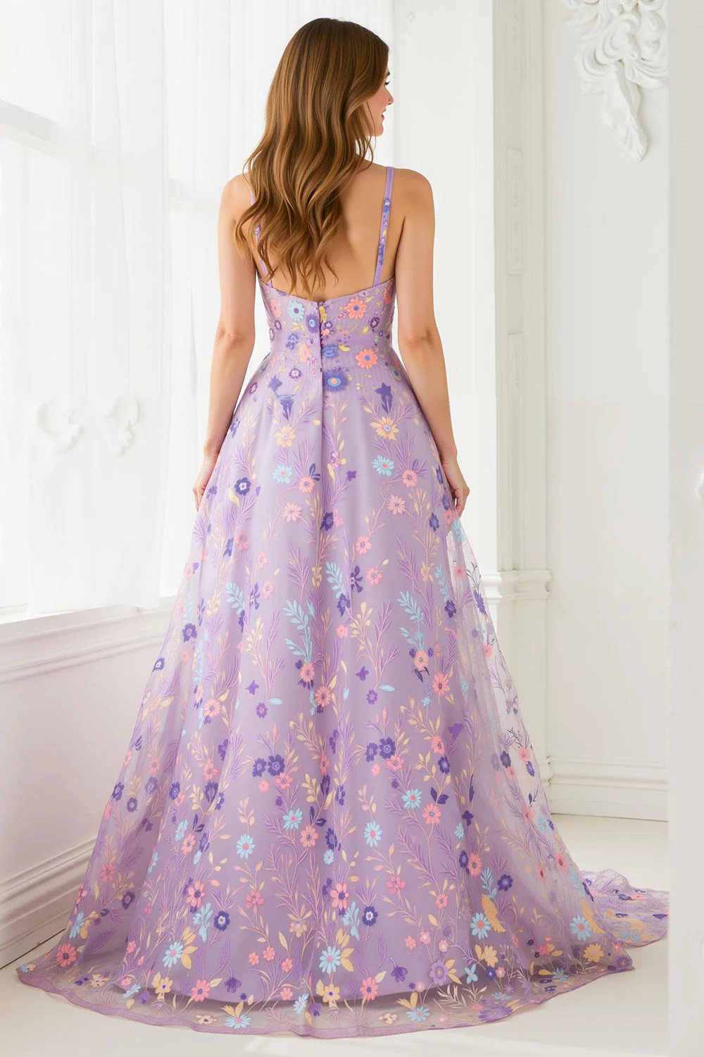 Lilac Floral A Line Spaghetti Straps Long Prom Dress with Embroidery - Image 2