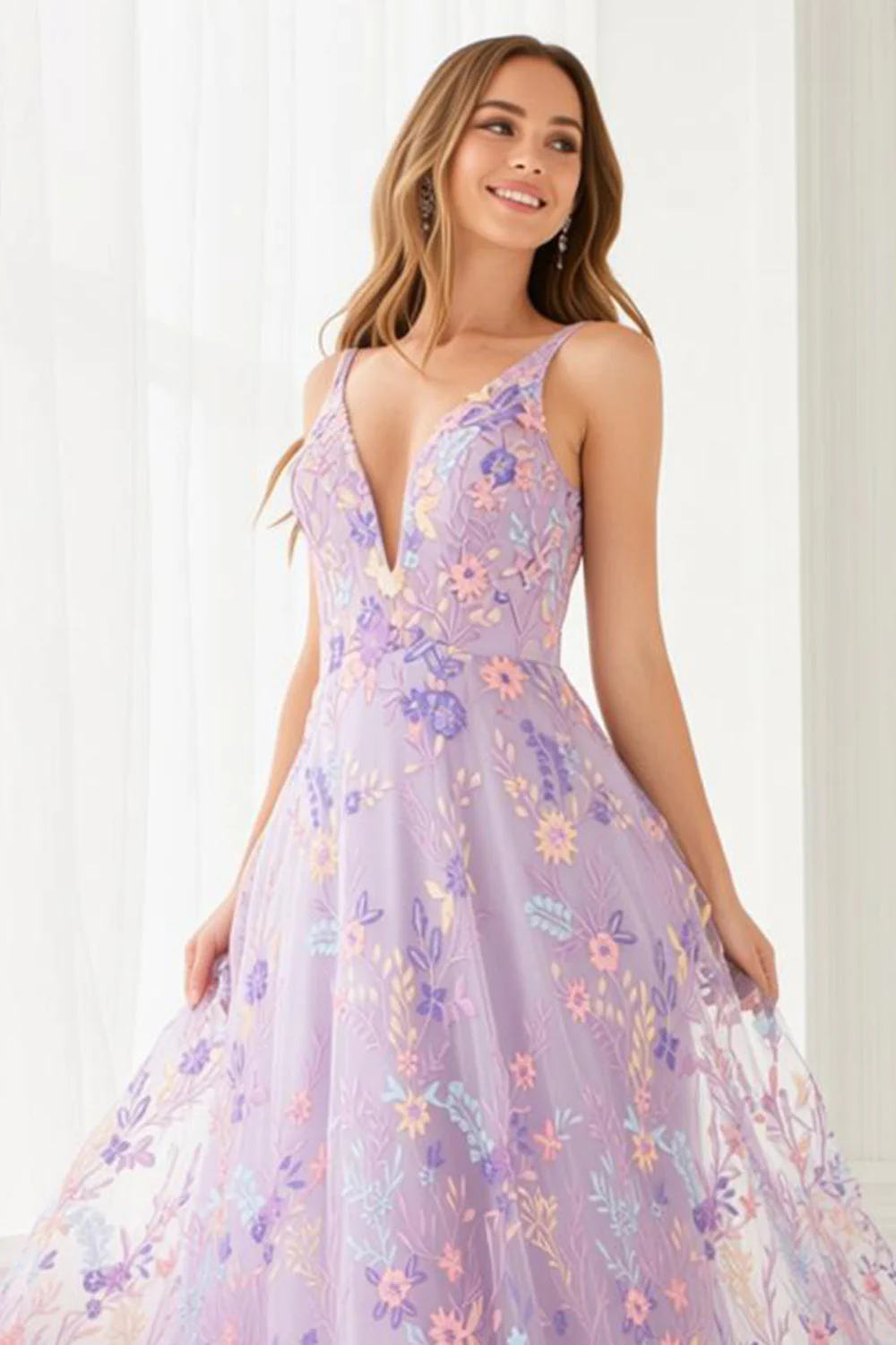 Lilac Floral A Line Spaghetti Straps Long Prom Dress with Embroidery - Image 3