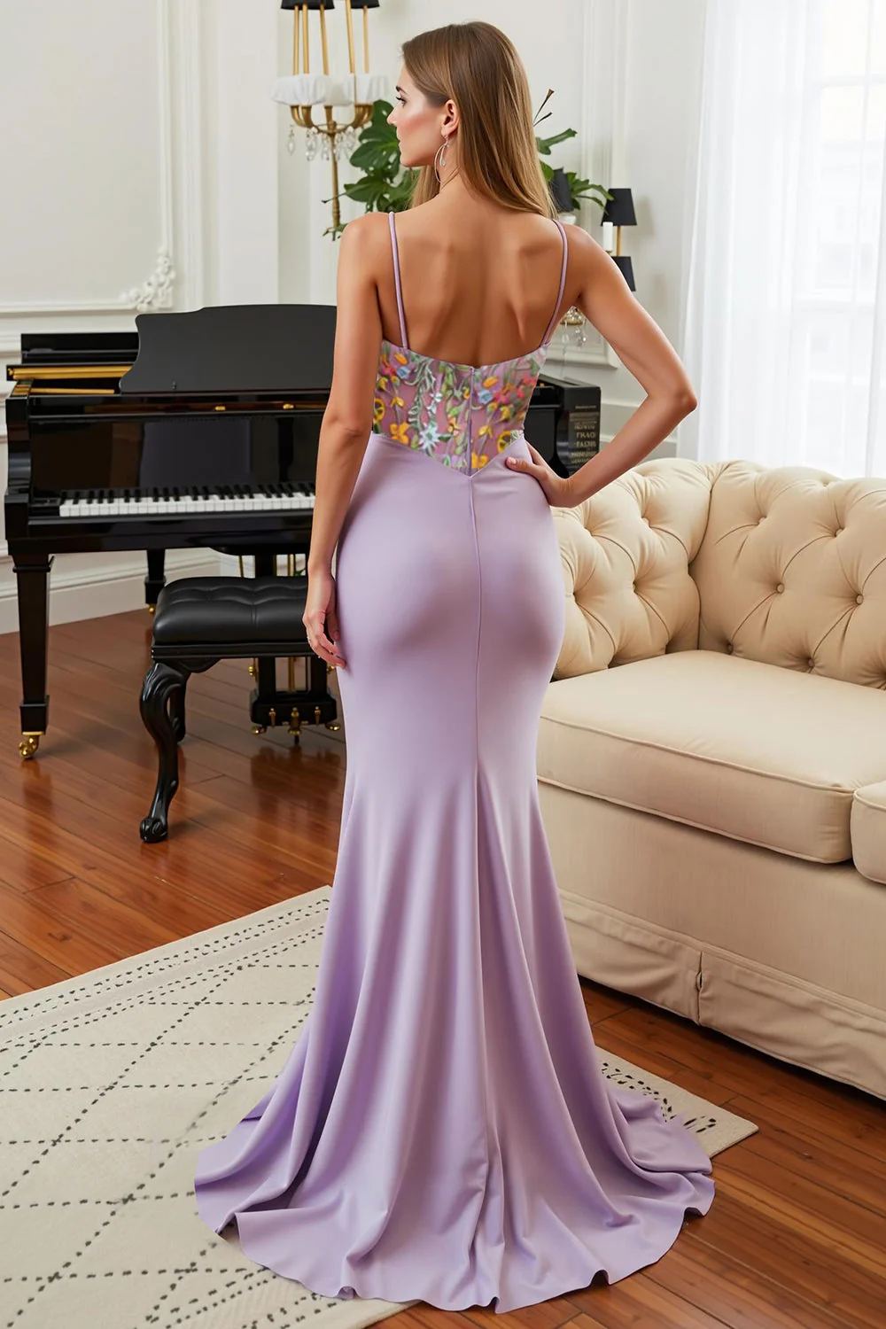 Lilac Floral Mermaid Spaghetti Straps Prom Dress - Image 2