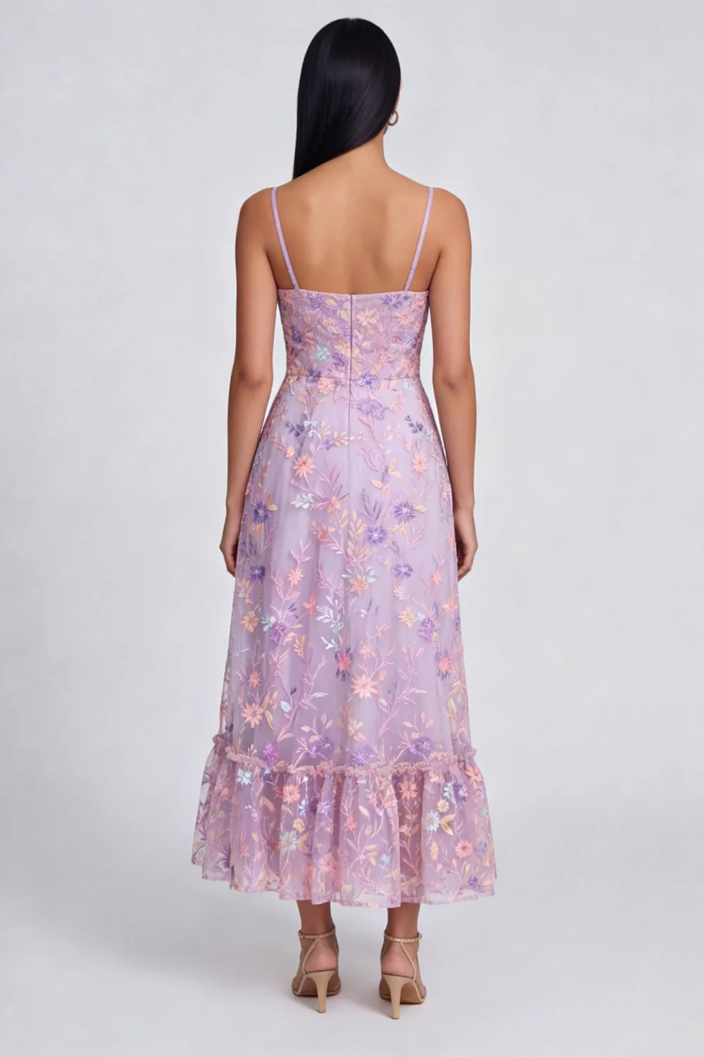 Lilac Flower A Line Spaghetti StrapsMidi Dress with Slit - Image 2