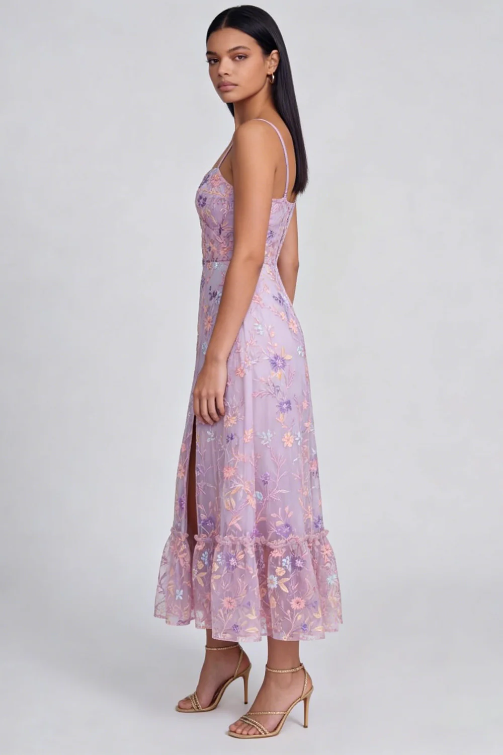 Lilac Flower A Line Spaghetti StrapsMidi Dress with Slit - Image 3