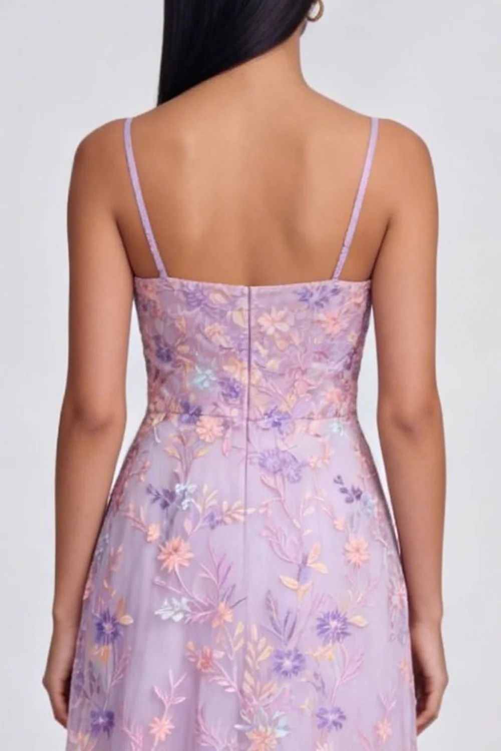Lilac Flower A Line Spaghetti StrapsMidi Dress with Slit - Image 5