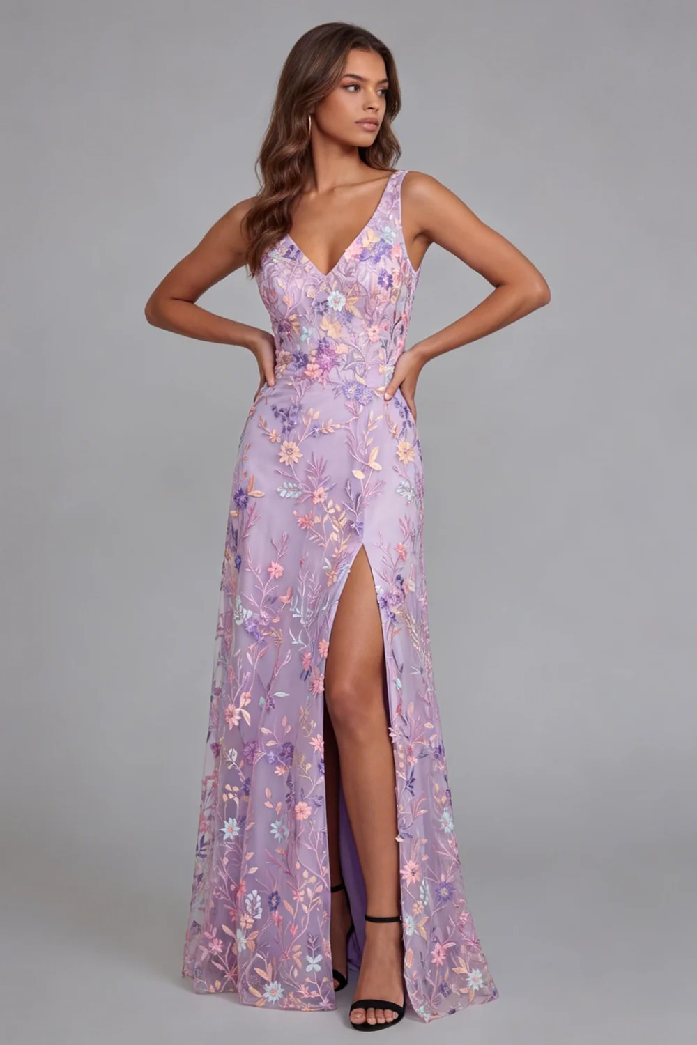 Lilac Flower V Neck A Line Appliqued Midi Dress with Slit - Image 2