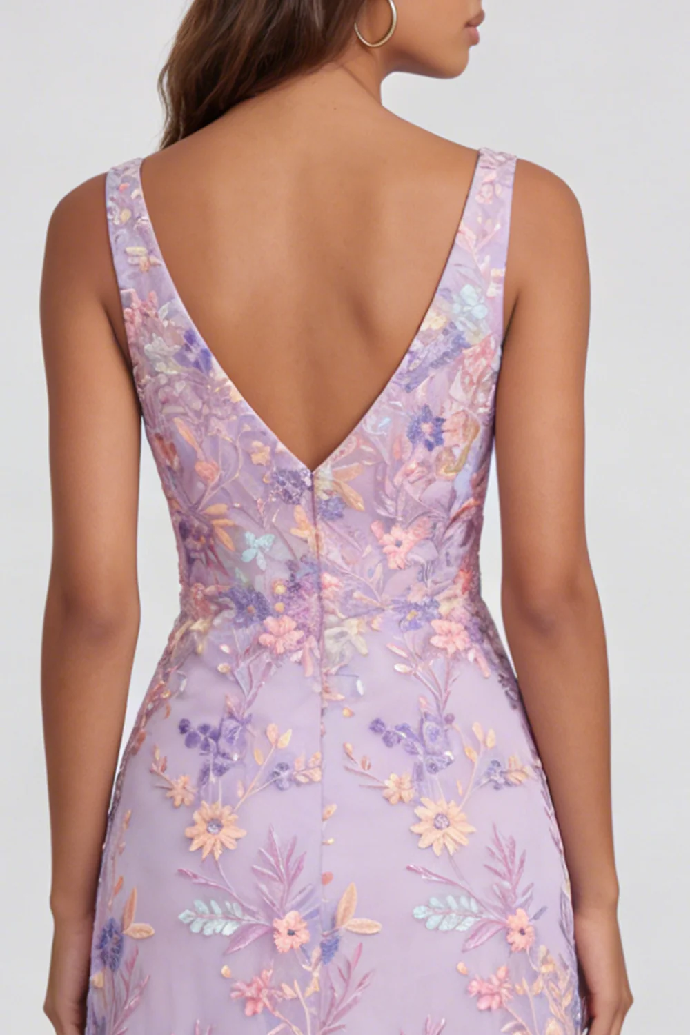 Lilac Flower V Neck A Line Appliqued Midi Dress with Slit - Image 4
