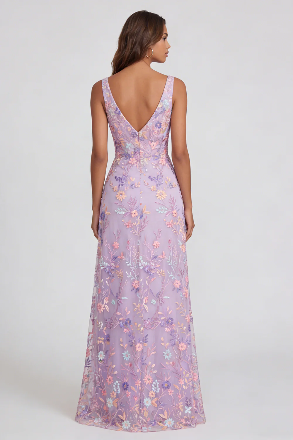 Lilac Flower V Neck A Line Appliqued Midi Dress with Slit - Image 6