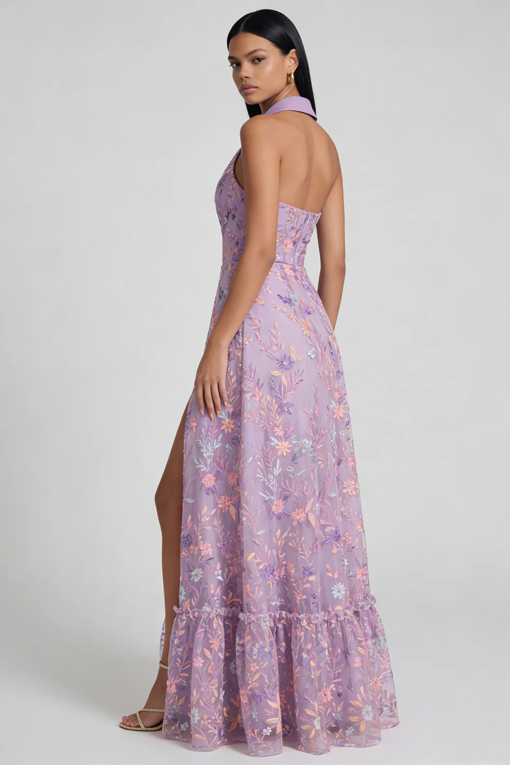 Lilac Flower Appliqued A Line V Neck Sleeveless Midi Dress with Slit - Image 2
