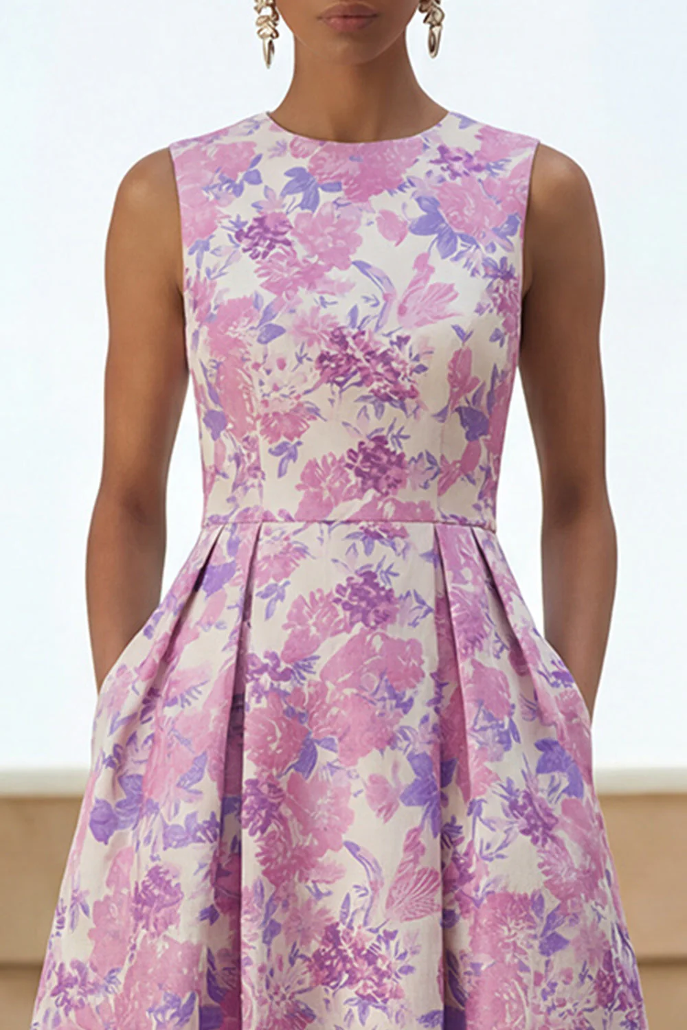 Lilac Flower Printed A Line Round Neck Midi Dress with Pockets - Image 3