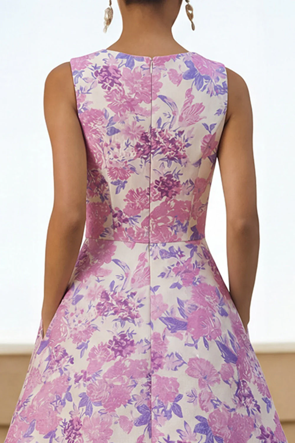 Lilac Flower Printed A Line Round Neck Midi Dress with Pockets - Image 4