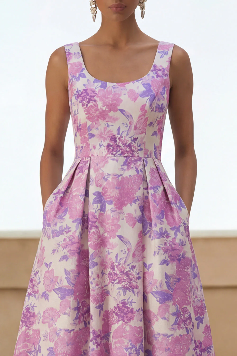 Lilac Flower Printed Curved Square Neck A Line Midi Dress with Pockets - Image 3
