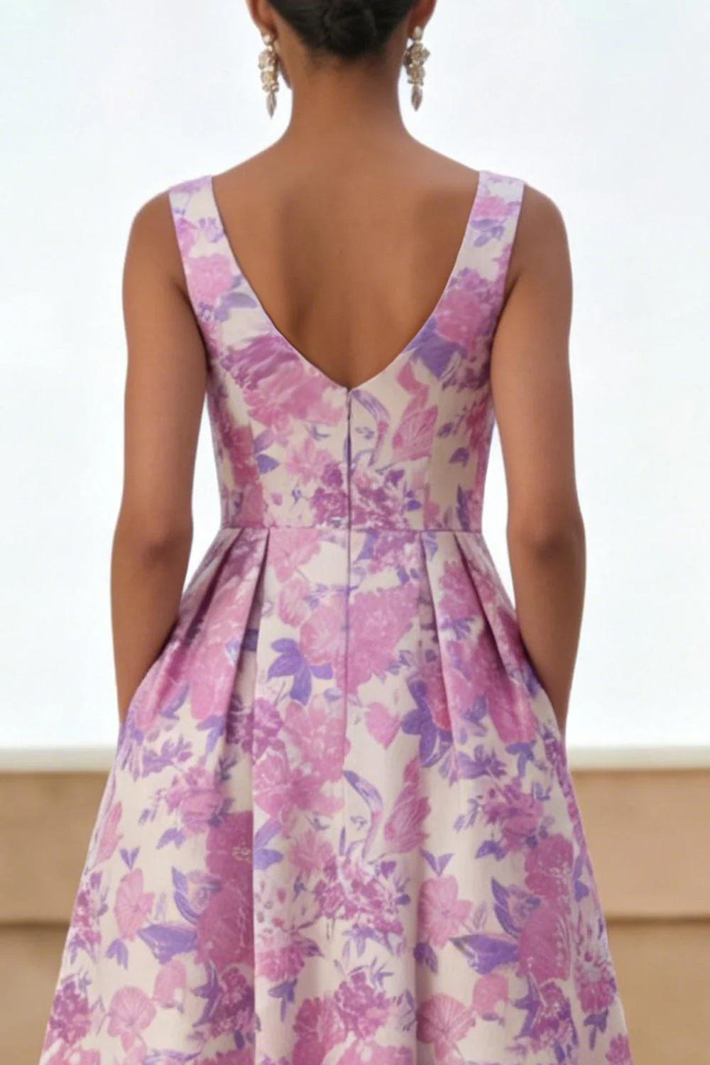 Lilac Flower Printed Curved Square Neck A Line Midi Dress with Pockets - Image 4