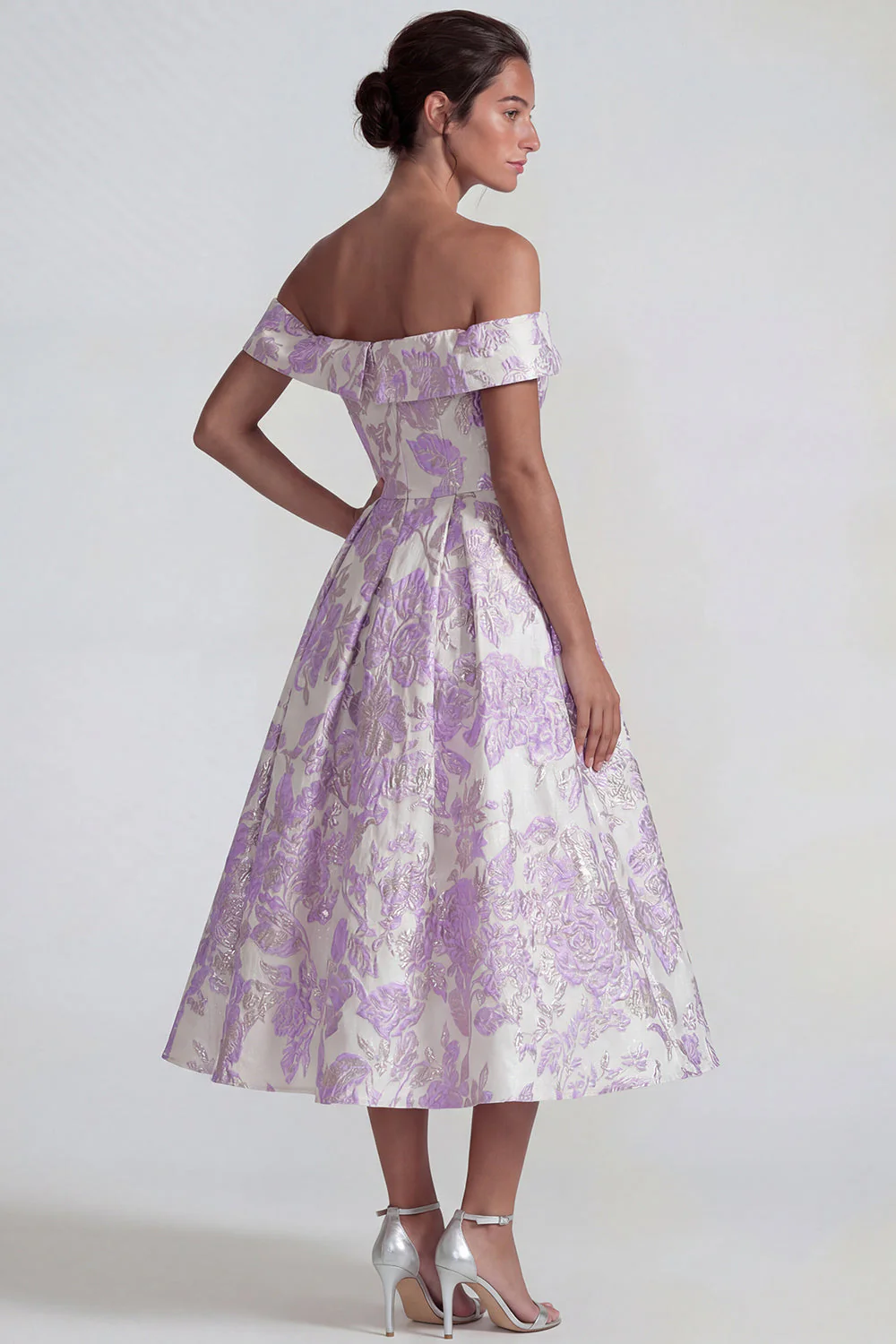 Off the Shoulder Lilac Jacquard A Line Midi Dress - Image 2