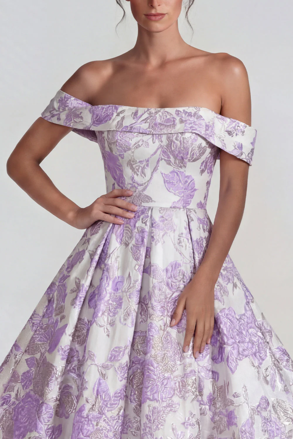 Off the Shoulder Lilac Jacquard A Line Midi Dress - Image 3
