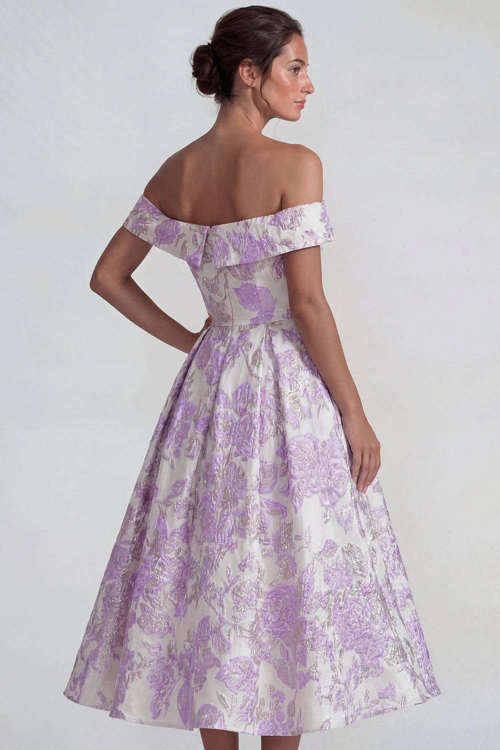 Off the Shoulder Lilac Jacquard A Line Midi Dress - Image 4