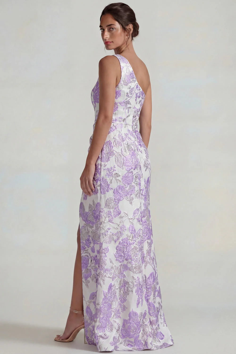 Lilac One Shoulder Jacquard Ruched Sheath Long Evening Dress with Slit - Image 2