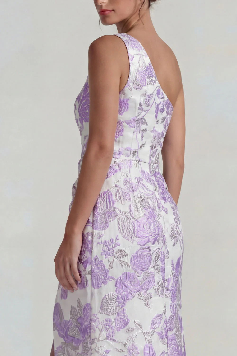 Lilac One Shoulder Jacquard Ruched Sheath Long Evening Dress with Slit - Image 4