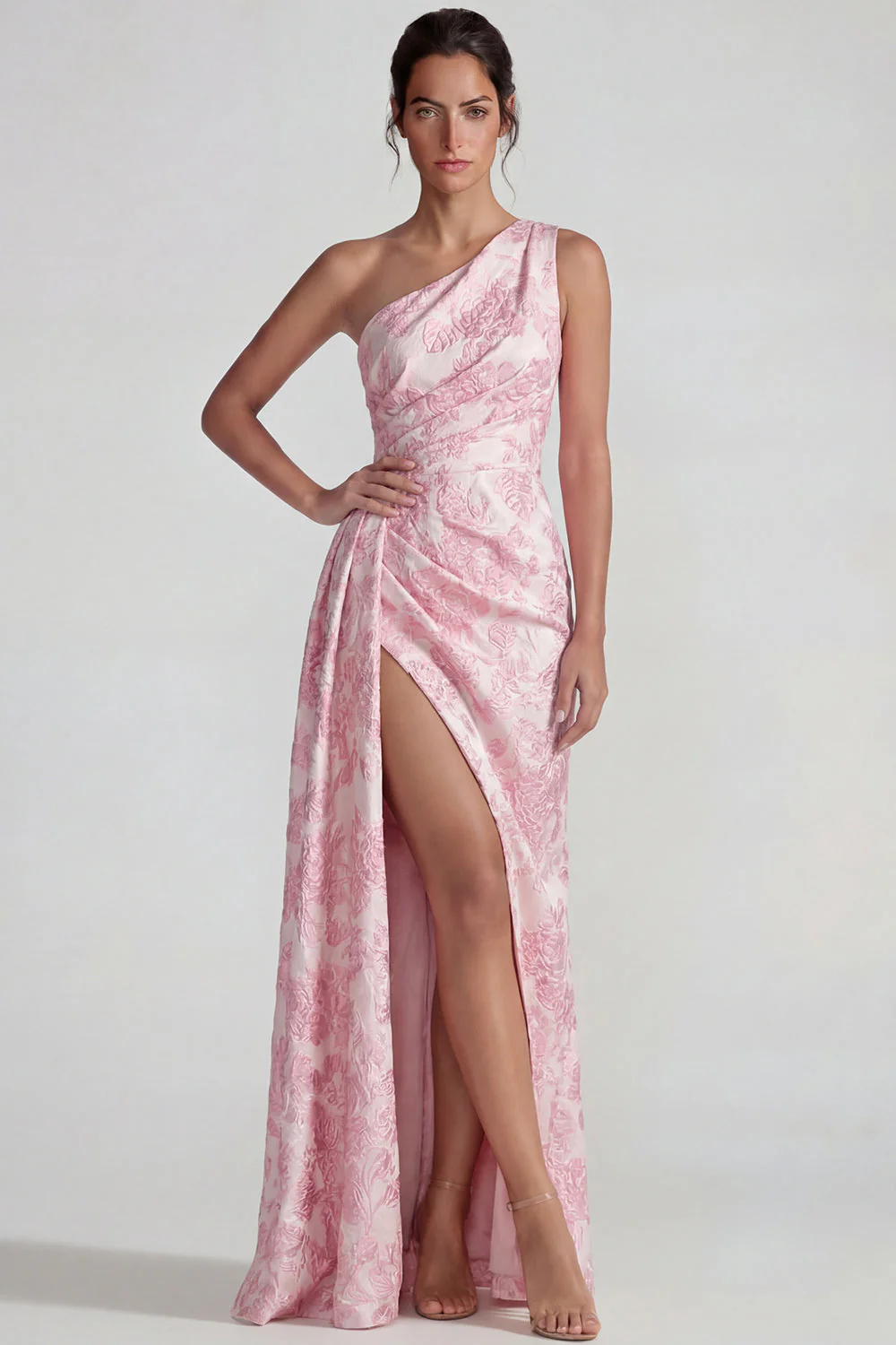 Lilac One Shoulder Jacquard Ruched Sheath Long Evening Dress with Slit - Image 5