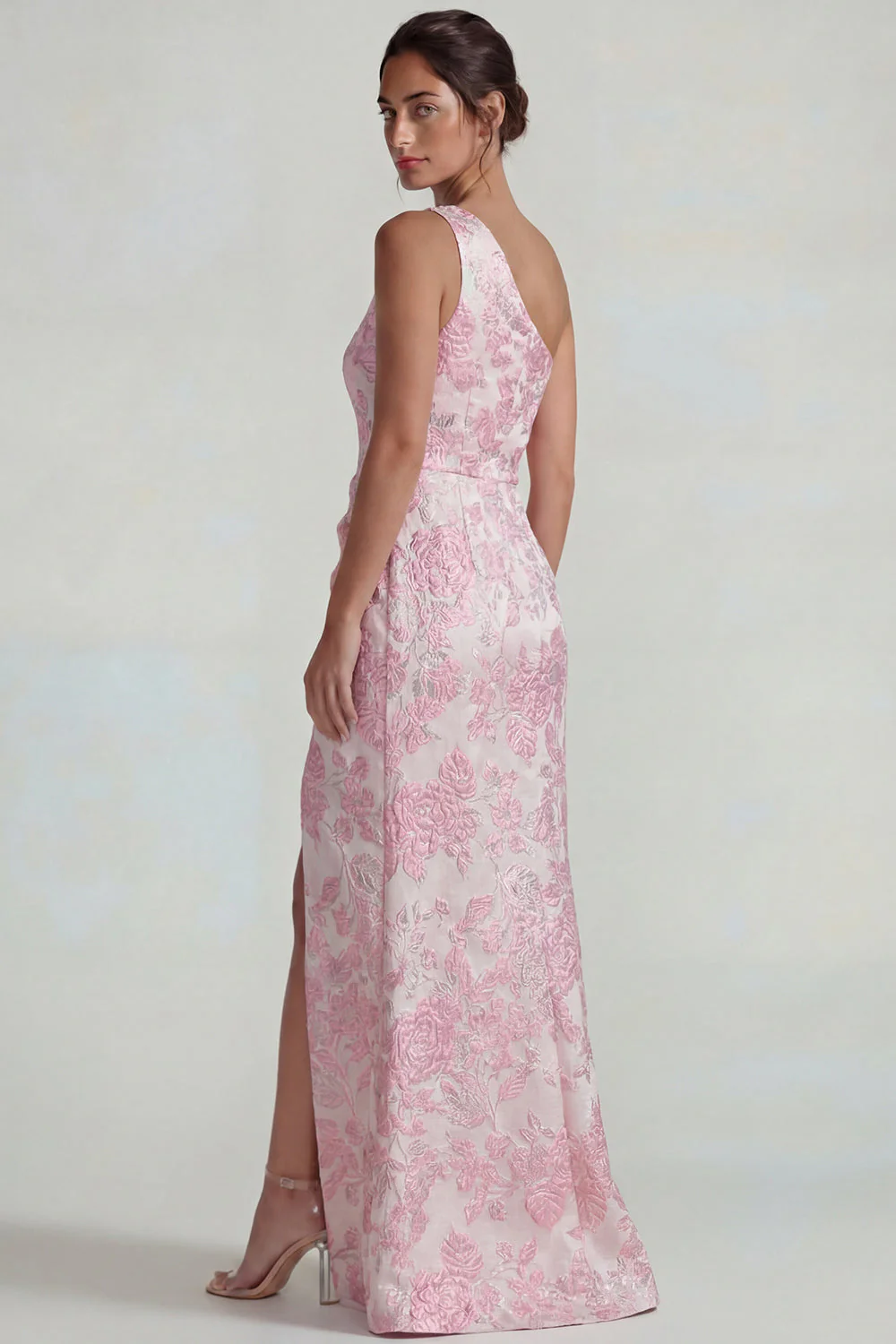 Lilac One Shoulder Jacquard Ruched Sheath Long Evening Dress with Slit - Image 6